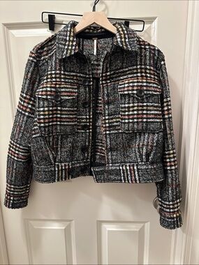 Free People Black Multi Plaid Bouclé Cropped Jacket